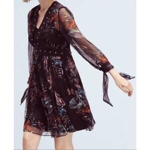 Maeve Anthropologie Nighttime Florals Babydoll Mini Dress Studded Chiffon Sheer
